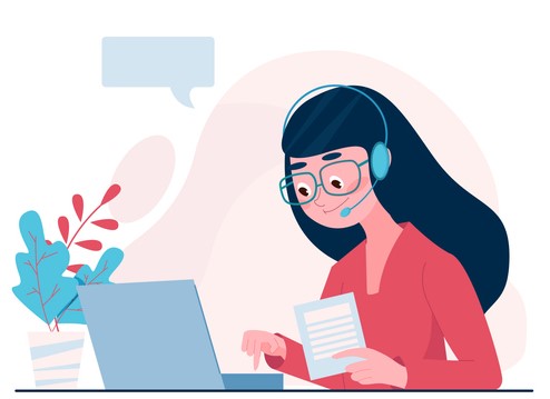 Flat style Woman Operator holding document and consulting client on hotline. Vector illustration with flowers on background